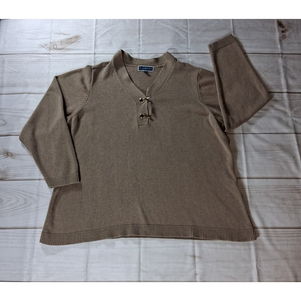 Karen Scott Sweater Women's Plus 3X Tan Split V Neck Gold Toggle Closure Cotton